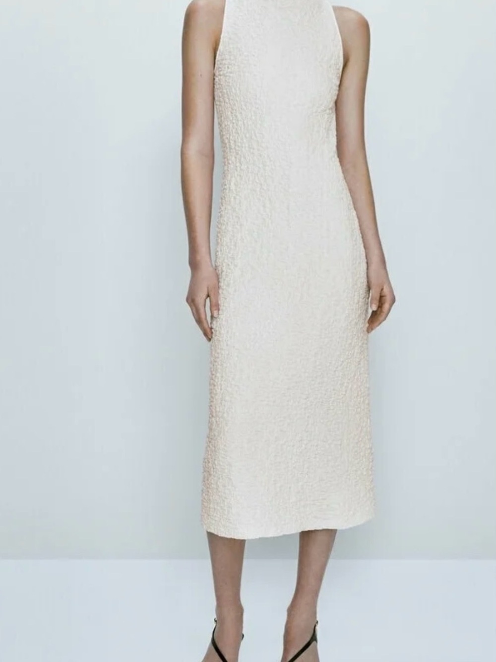 Massimo Dutti Sleeveless Cream Textured Midi Dress